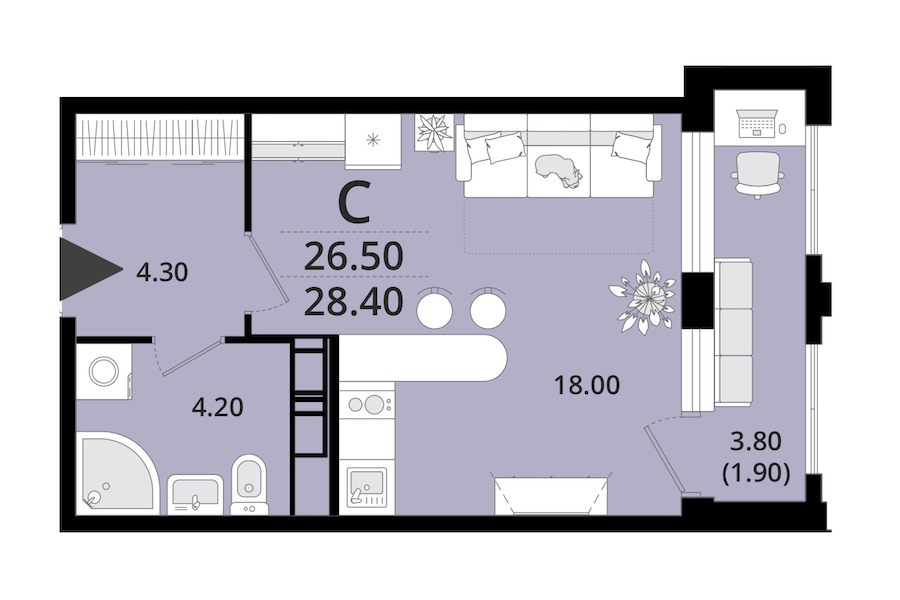 Квартира студия 27.5 м², 10/13 эт., ЖК «Тайм Сквер»